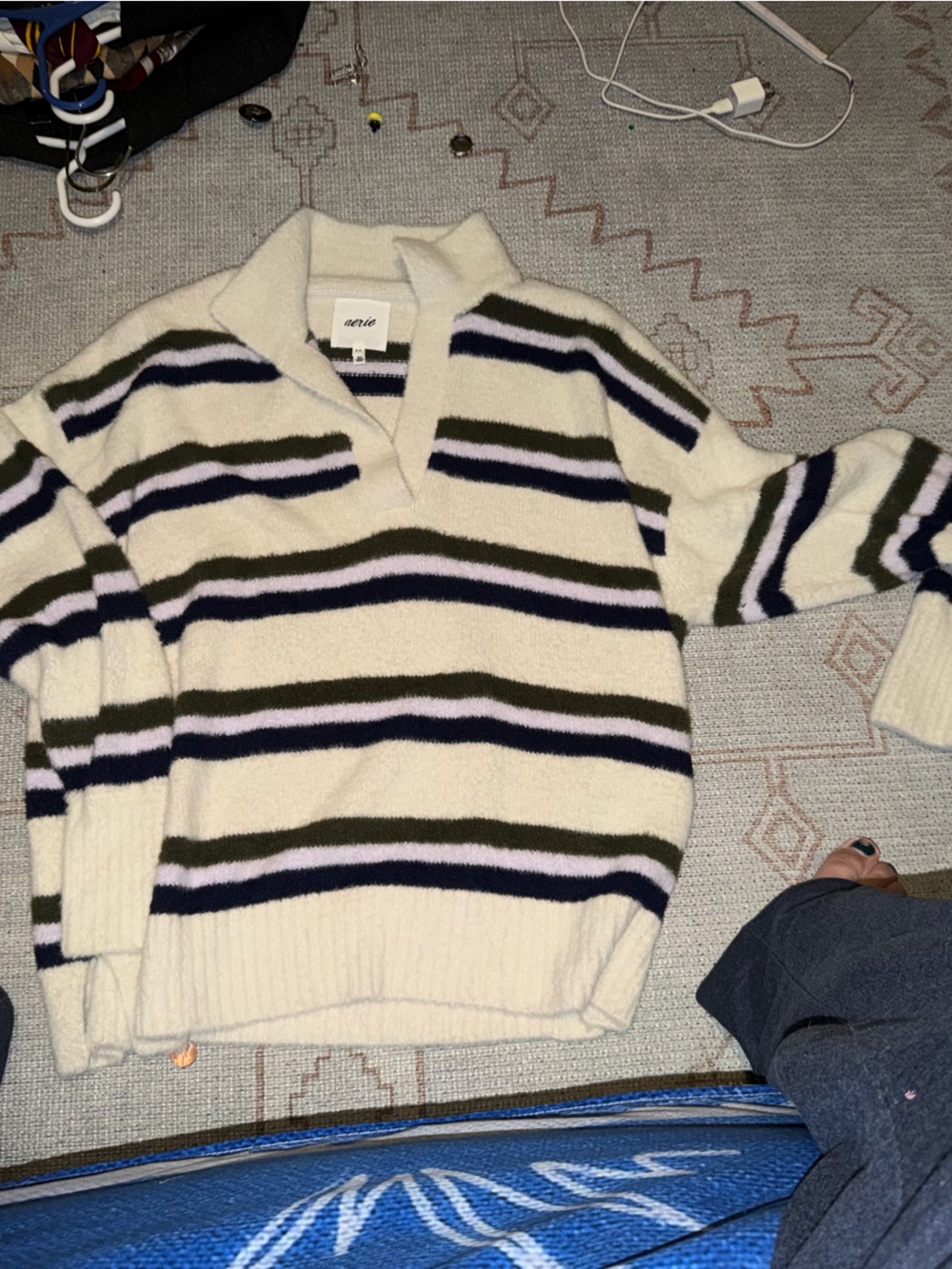 aerie Cream Sweater with Navy, Lavender & Olive Stripes